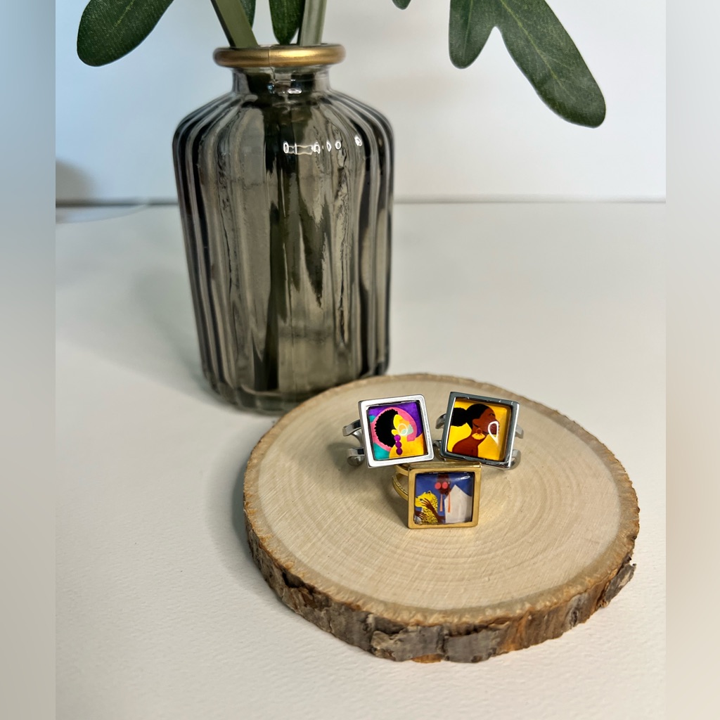 Mid-Century Artistic Rings - Square Colorful Statement African Woman Rings 22$